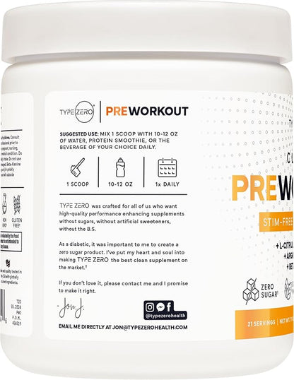 Type Zero Ultra Clean Stim Free Pump Pre Workout (Pineapple Orange Mango) Beetroot, Arginine, Citrulline Malate, Betaine, Beta A, ACV+ Sugar/Caffeine Free Non Stim Preworkout Men & Women