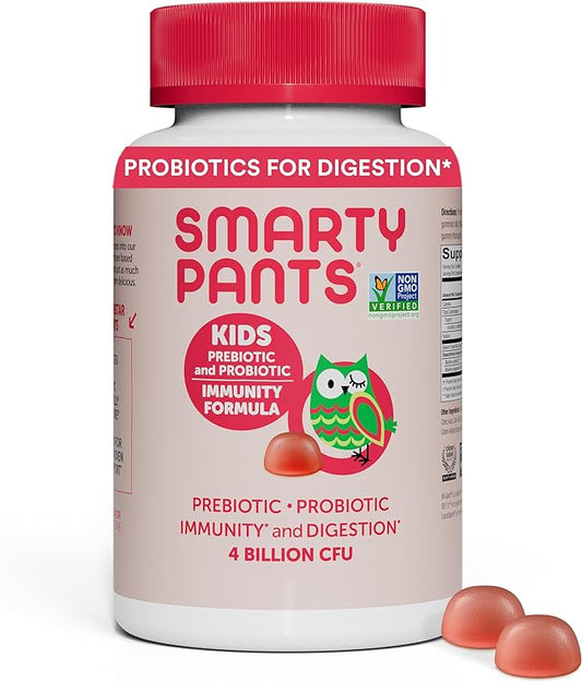SmartyPants Kids Probiotic & Prebiotic Gummies for Digestive Health: 4 Billion CFU Gut Health Supplement, Clinically Studied Prebiotic for Immune Support, Strawberry, 60 Count (30 Day Supply)