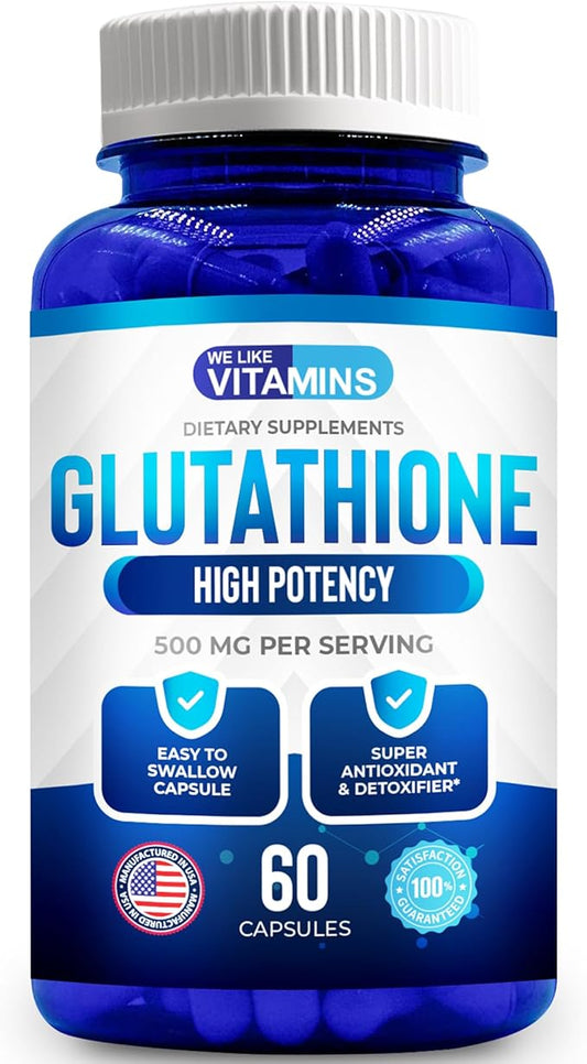 We Like Vitamins L Glutathione Supplement 500mg Per Serving | Manufactured in USA | 60 Glutathione Capsules | Highly Bioavailable Reduced Glutathione Supplement | Glutathione for Antioxidant