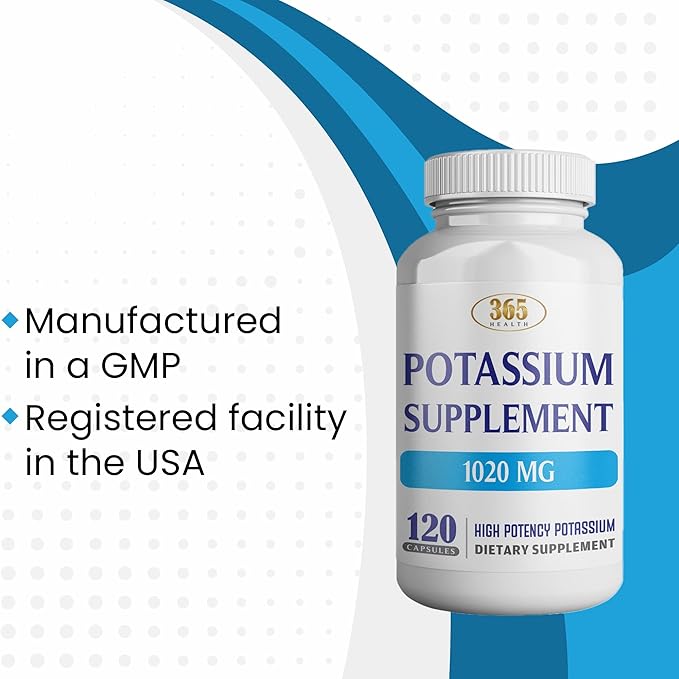 365 Health Potassium Supplement 1020 mg | Potassium Bicarbonate | Non-GMO | Gluten Free | Made in USA | 120 Vegetarian Capsules