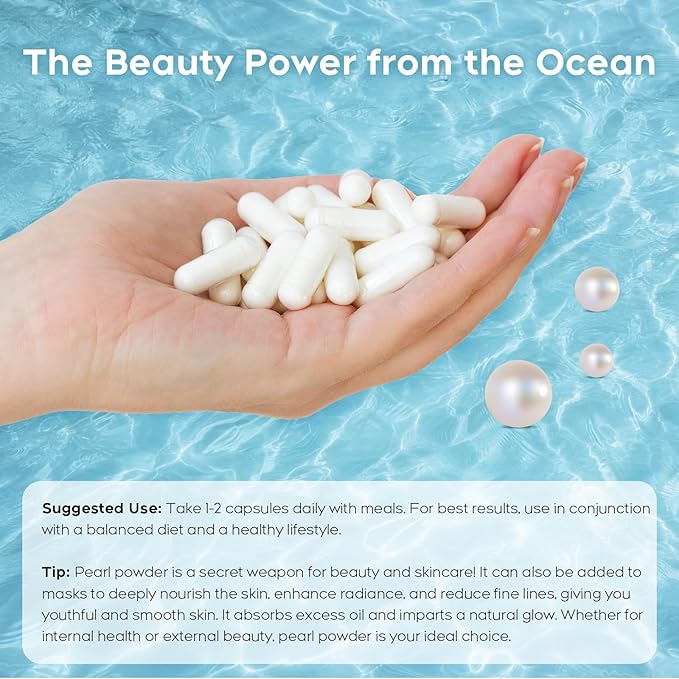 Organic Pearl Powder Capsules 1500mg | Natural Calcium, Amino Acids | Pure Pearl Extract for Enhanced Skin Radiance, Eye Health, and Nail Strength | Collagen Peptide | Non-GMO, Vegan, 60 Capsules