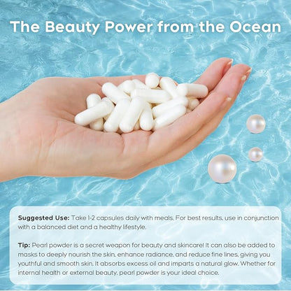 Organic Pearl Powder Capsules 1500mg | Natural Calcium, Amino Acids | Pure Pearl Extract for Enhanced Skin Radiance, Eye Health, and Nail Strength | Collagen Peptide | Non-GMO, Vegan, 60 Capsules