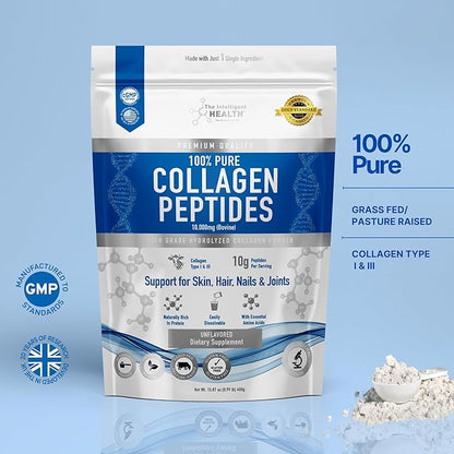 Collagen Peptides Powder, 45 Servings, Hydrolyzed Collagen, Type I & III, Grass Fed, Unflavored, Gluten Free, Keto/Paleo, 10g Servings, 15.9 Oz, Skin Support, Hair, Nail, Joints