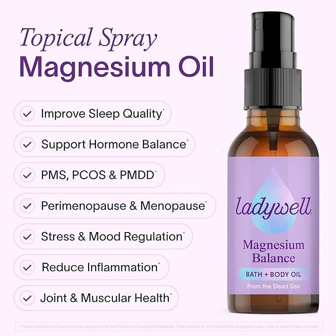 Topical Magnesium Oil Spray | Mood, Cycle & Stress Support | PMS, PCOS, Fertility, Menopause, Hormone Balance, Cramps | Pure Magnesium Chloride, Science-Backed | Rapid Skin Absorption