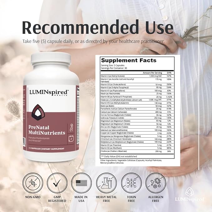 LUMINSPIRED HEALTH Prenatal Vitamins for Women, Prenatal Multivitamins and Mineral Support for Pregnancy, Fetal Development & Maternal Health, Pregnancy Must Haves, Non-GMO, Gluten Free - 150 Counts