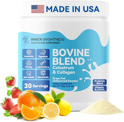Bovine Colostrum & Collagen Powder for Gut Health, Immune Support, Hair Growth & Beauty Supplement, Sugar Free – IgG, Probiotics, Vitamin B12, C, D3 – Unflavored, 30 Servings
