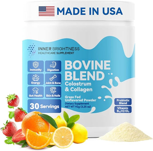 Bovine Colostrum & Collagen Powder for Gut Health, Immune Support, Hair Growth & Beauty Supplement, Sugar Free – IgG, Probiotics, Vitamin B12, C, D3 – Unflavored, 30 Servings