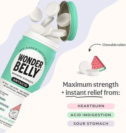 Wonderbelly Antacid, Effective Heartburn and Instant Acid Indigestion Relief, Extra Strength Chewable Tablets, 1000 mg Calcium Carbonate, No Talc or Dye, Watermelon Mint, 60 Count