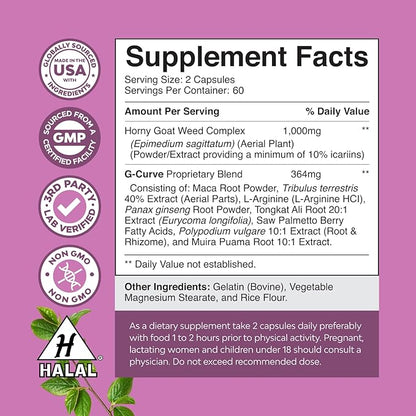 G-Curve Breast and Butt Enhancer Pills - Body Sculpting Herbal Curves Breast and Butt Growth Supplement with Saw Palmetto Extract and Horny Goat Weed for Women - Results May Vary - 120 Count