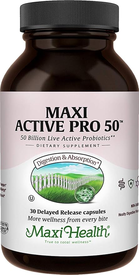 Maxi Health Probiotic Plus Ultimate Prebiotic Advanced Live Probiotics Formula - 50 Billion Live Active Probiotic - 15 Strains - Ultra Protection - Active Pro-50-30 Count