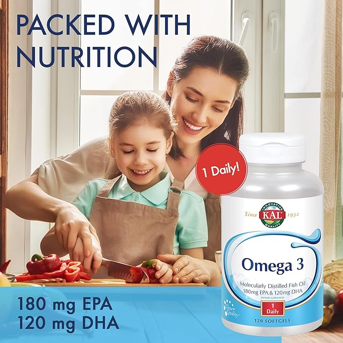 KAL Omega 3 | Omega-3 Fish Oil for Healthy Heart, Joint & Brain Support | 180mg EPA, 120mg DHA (120 CT, 120 Serv)