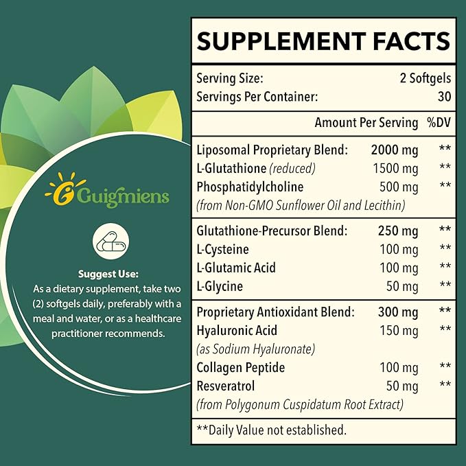 Liposomal Glutathione 2000 MG, Superior Absorption, Glutathione Supplement with Hyaluronic Acid + Collagen Peptide + Resveratrol, Powerful Antioxidant, Health Aging, 60 Count