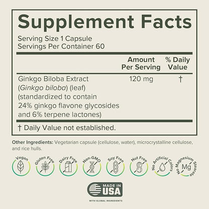 Prominent Nutrition Ginkgo Biloba 120mg - Ginkgo Biloba Leaf Extract, Herbal Supplements to Help Support Memory & Focus- Vegan, Non-GMO, Gluten-Free, Soy-Free, 60 Day Supply