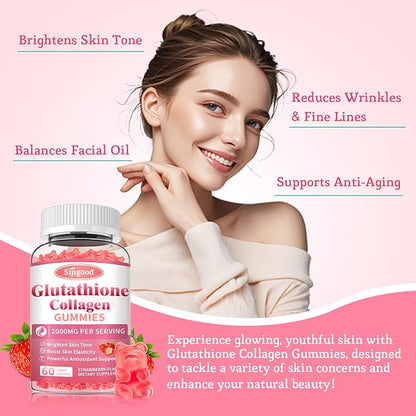 2 Pack Glutathione Collagen Gummies, Skin Brightening & Anti-Aging, Supports Hair, Skin & Nail Health, Glutathione Supplement for Women, Strawberry Flavor, 120 Count