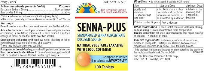GeriCare Senna Plus Natural Vegetable Laxative with Stool Softener, Docusate Sodium 50mg, Sennosides 8.6mg 100 Count (Pack of 4)