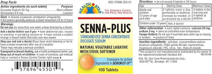 GeriCare Senna Plus Natural Vegetable Laxative with Stool Softener, Docusate Sodium 50mg, Sennosides 8.6mg 100 Count (Pack of 4)