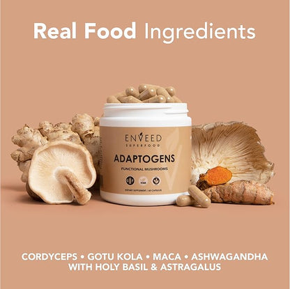 Enveed Superfoods ADAPTOGENS | Adaptogenic Support Supplement — Ashwagandha, Maca Root & Full Spectrum Mushrooms | Boost Your Immune Response & Energy Levels with 100% Natural Ingredients—30 Servings