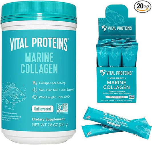 Vital Proteins Marine Collagen Peptides Powder Supplement 7.8 oz Canister + Stick Packs (10 g) (Box of 20)