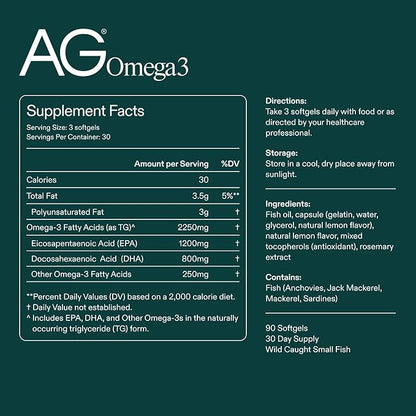 AG1 Omega 3 Fish Oil Softgels – 2000mg EPA & DHA from Wild-Caught Fish | 90 Capsules | Athletic Greens Supplement