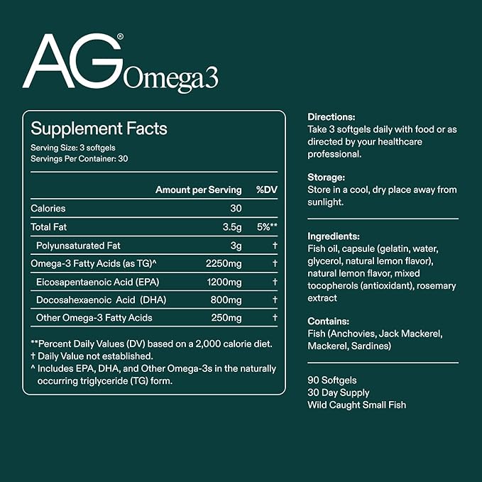 AG1 Omega 3 Fish Oil Softgels – 2000mg EPA & DHA from Wild-Caught Fish | 90 Capsules | Athletic Greens Supplement