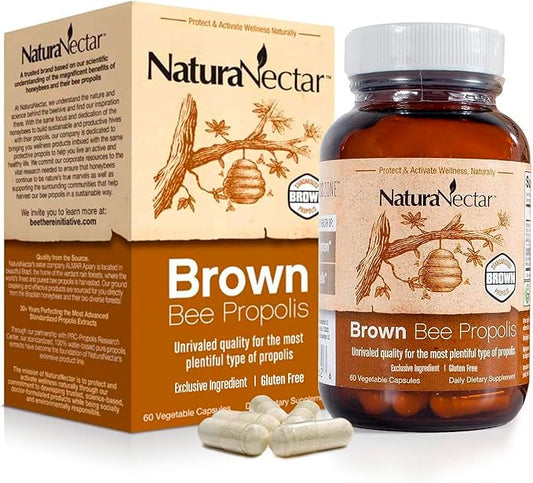 NaturaNectar - Brown Bee Propolis - NSF Contents Certified - Premium Brazilian Propolis - Gluten-Free Supplement with Flavonoids, FLAV-B and PWE - Naturally Sourced Through Ethical Beekeeping (60pcs.)