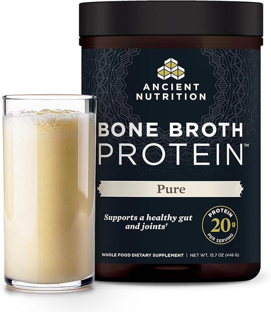 Ancient Nutrition Grass Fed & Cage Free Bone Broth Protein Powder, 20g Protein Per Serving, Hydrolyzed Collagen Peptides, Glucosamine, Chondroitin, Supports Joint & Gut Health, Pure, 40 Servings