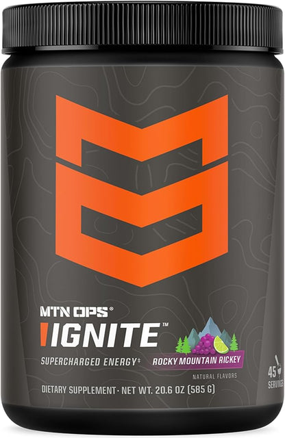 MTN OPS Ignite Energy Drink Powder, Gluten Free Nitric Oxide Supplement Drink Mix, L Arginine, L Citrulline, Caffeine & Nootropic Sugar Free Drink Mix, 45 Servings, Rocky Mountain Rickey