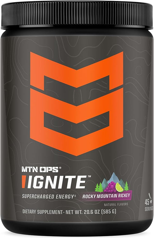 MTN OPS Ignite Energy Drink Powder, Gluten Free Nitric Oxide Supplement Drink Mix, L Arginine, L Citrulline, Caffeine & Nootropic Sugar Free Drink Mix, 45 Servings, Rocky Mountain Rickey