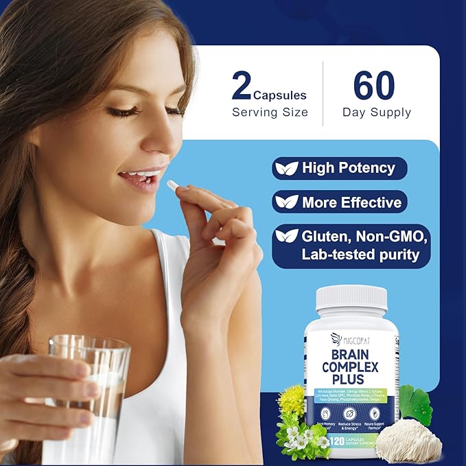 Brain Supplements for Memory & Focus - Nootropic with Bacopa Monnieri, Lion's Mane, Alpha GPC, Phosphatidylserine | Supports Mental Clarity & Cognitive Function | Vitamin B6 & B12-120 Capsules
