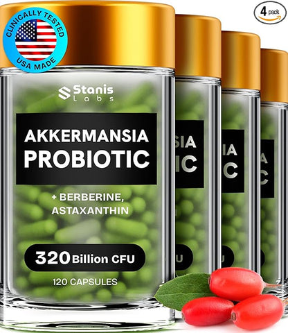 Akkermansia Muciniphila Probiotics 320 Billion CFU| GLP-1 Probiotic and Prebiotic | Akkermansia Probiotics for gut health | Inulin Prebiotic Fiber Capsules Astaxanthin & Berberine & Chromium 480 count