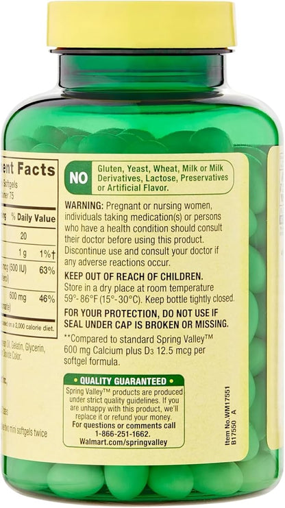 Spring Valley Calcium Plus Vitamin D3 150 Mini Softgels | Calcium Supplement | CaIcium mini softgels | CaIcium 600 mg with Vitamin d3 | 150 Mini Softgels + STS Sticker