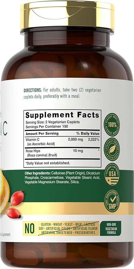 Carlyle Vitamin C 1000mg | 300 Vegetarian Caplets | Ascorbic Acid with Wild Rose HIPS | High Strength Formula | Non-GMO and Gluten Free Supplement