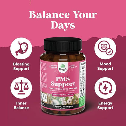 PMS Support Supplement for Women – Hormone Balance for Women & Menstrual Discomfort with DIM, Chasteberry, Black Cohosh & Ashwagandha - for Period Cramps Ease, Menopause Bloating, Mood Swing – 60 Ct