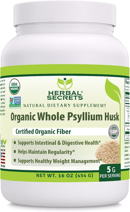 Herbal Secrets Whole Psyllium Husk Powder Supplement | 5 Grams per Serving | Non-GMO | Gluten-Free | Made in USA (16 Oz, Unflavored)