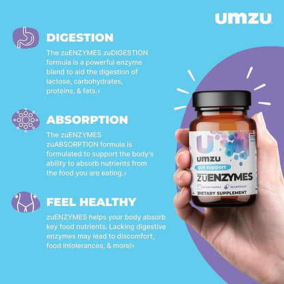 UMZU ZuEnzymes Digestive Enzymes Supplement | 21 Enzymes for Gut Health Support, Digestion & Nutrient Absorption | Helps Break Down Lactose, Carbs, Proteins & Fats (30 Day Supply | 30 Capsules)