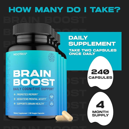 Brain Boost Nootropic Supplement | Supports Memory, Mental Focus, Cognitive Health & Energy | Caffeine-Free, Promotes Healthy Mood & Brain Function w/Gingko Biloba & DMAE | 240 Capsules