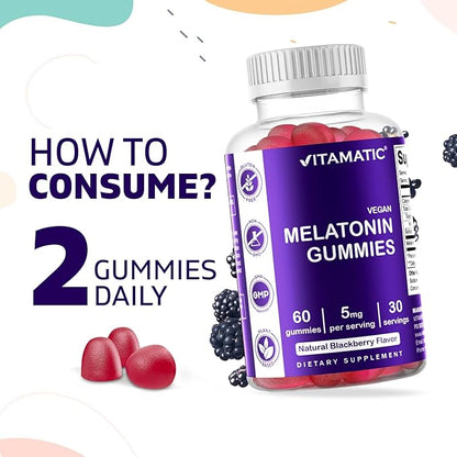 Vitamatic Melatonin Gummies for Kids & Adults - (2.5 mg 5 mg & 10 mg Doses) - 60 Vegan Gummies