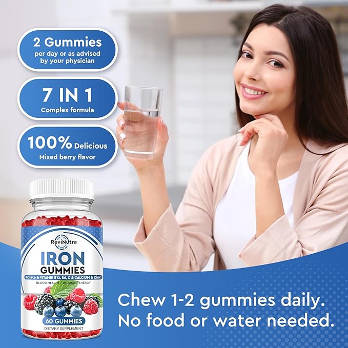Iron Gummies with Zinc, Calcium, Vitamin C, B6 & B12 | Iron Supplement for Women, Men & Kids | Supports Anemia & Deficiency, Blood Builder & Cell Formation | Chewable Mixed Berry Flavor, 60 Gummies