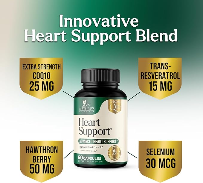 Heart Health Supplements 1650mg - CoQ10 and Antioxidants for Heart Health Support with Hawthorn, Plant Sterols & More Vitamins to Support Nitric Oxide & Energy Production, Non-GMO - 60 Capsules