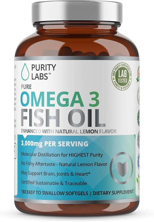 Purity Labs Omega 3 Fish Oil 3000mg – DHA & EPA Omega 3 Fatty Acid Supplements to Support Heart and Brain Health - Immune Support Supplement - 180 Softgels (60 Servings)