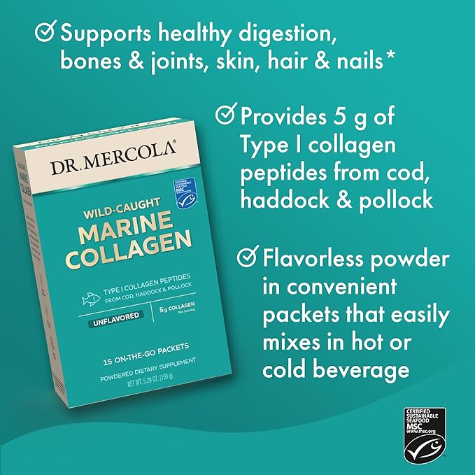 Dr. Mercola Marine Collagen Powder Packets, 5g Collagen Per Serving, 15 Servings (15 on-The-go Packets), Powdered Dietary Supplement, Unflavored, Type 1 Collagen Peptides from Cod, Haddock & Pollock