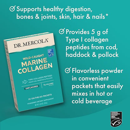 Dr. Mercola Marine Collagen Powder Packets, 5g Collagen Per Serving, 15 Servings (15 on-The-go Packets), Powdered Dietary Supplement, Unflavored, Type 1 Collagen Peptides from Cod, Haddock & Pollock