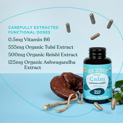 Four Sigmatic Calm Capsules | Vegan Stress Relief Supplement to Promote Positive Mood with Organic Ashwagandha Powder, Organic Reishi Mushroom, Tulsi (Holy Basil Extract), Vitamin B6 | 30 Servings