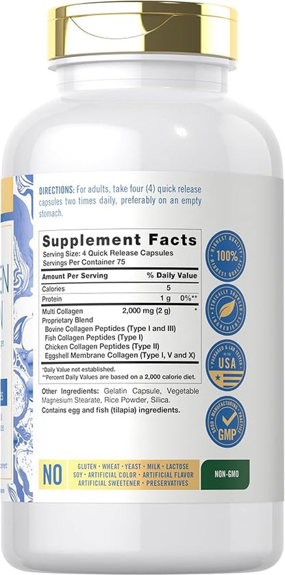 Carlyle Multi Collagen Protein Capsules 2000mg | 300 Count | Type I, II, III, V, X | Collagen Peptide Pills | Keto & Paleo Friendly, Gluten Free, Non-GMO Supplement