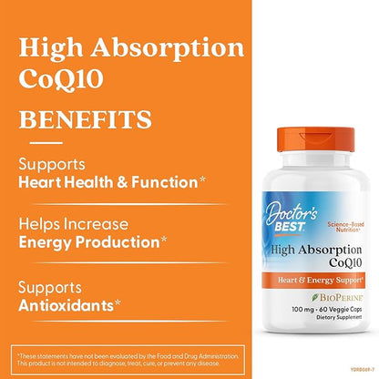 Doctor's Best High Absorption CoQ10 with BioPerine, Vegan, Gluten Free, Naturally Fermented, Heart Health & Energy Production, 100 mg 60 Veggie Caps