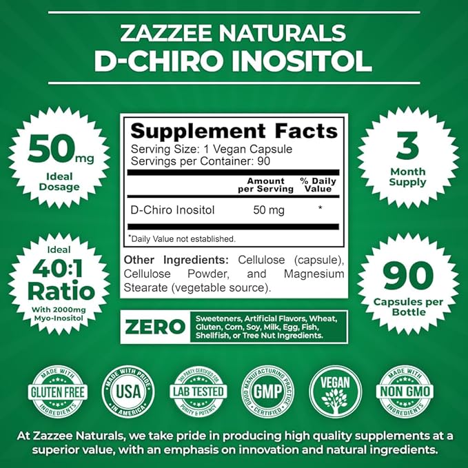 Zazzee D-Chiro-Inositol, 50 mg per Capsule, 90 Vegan Capsules, Ideal Dosage for 40:1 Ratio with Myo-Inositol, 3 Month Supply, 100% Vegetarian, Non-GMO