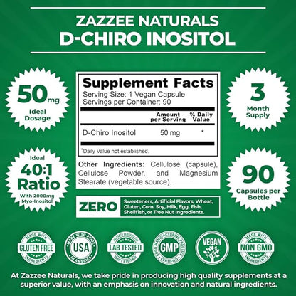 Zazzee D-Chiro-Inositol, 50 mg per Capsule, 90 Vegan Capsules, Ideal Dosage for 40:1 Ratio with Myo-Inositol, 3 Month Supply, 100% Vegetarian, Non-GMO