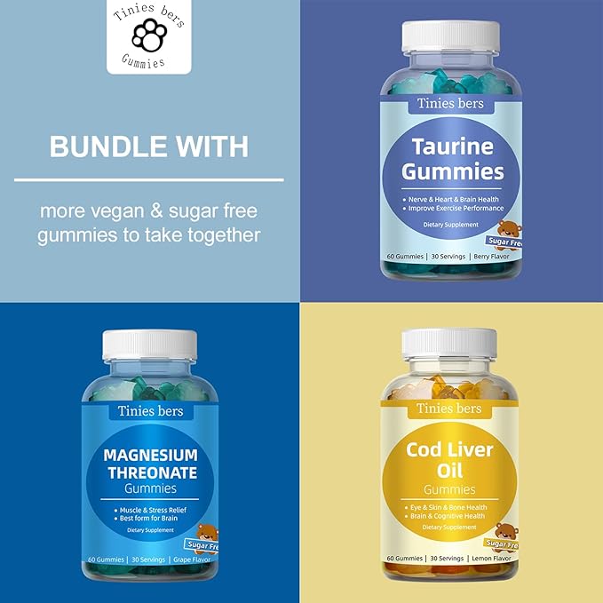 Taurine Gummies 1000mg, Sugar Free for Adults & Kids, 1 of 20 Amino acids, Boost Immune, Nerve, Cognitive, Heart, Eye Health, Exercise Performance, Anti-Aging, Gluten Free, Non GMO, Vegan, Pectin, 60
