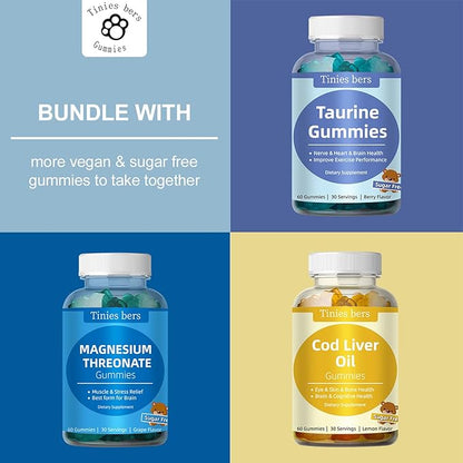 Taurine Gummies 1000mg, Sugar Free for Adults & Kids, 1 of 20 Amino acids, Boost Immune, Nerve, Cognitive, Heart, Eye Health, Exercise Performance, Anti-Aging, Gluten Free, Non GMO, Vegan, Pectin, 60