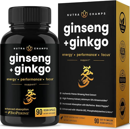 NutraChamps Korean Red Panax Ginseng Capsules | Extra Strength Ginsenosides for Energy, Focus, Performance, Vitality & Immune Support | Korean Red Ginseng Root Extract (90, Premium Gold)